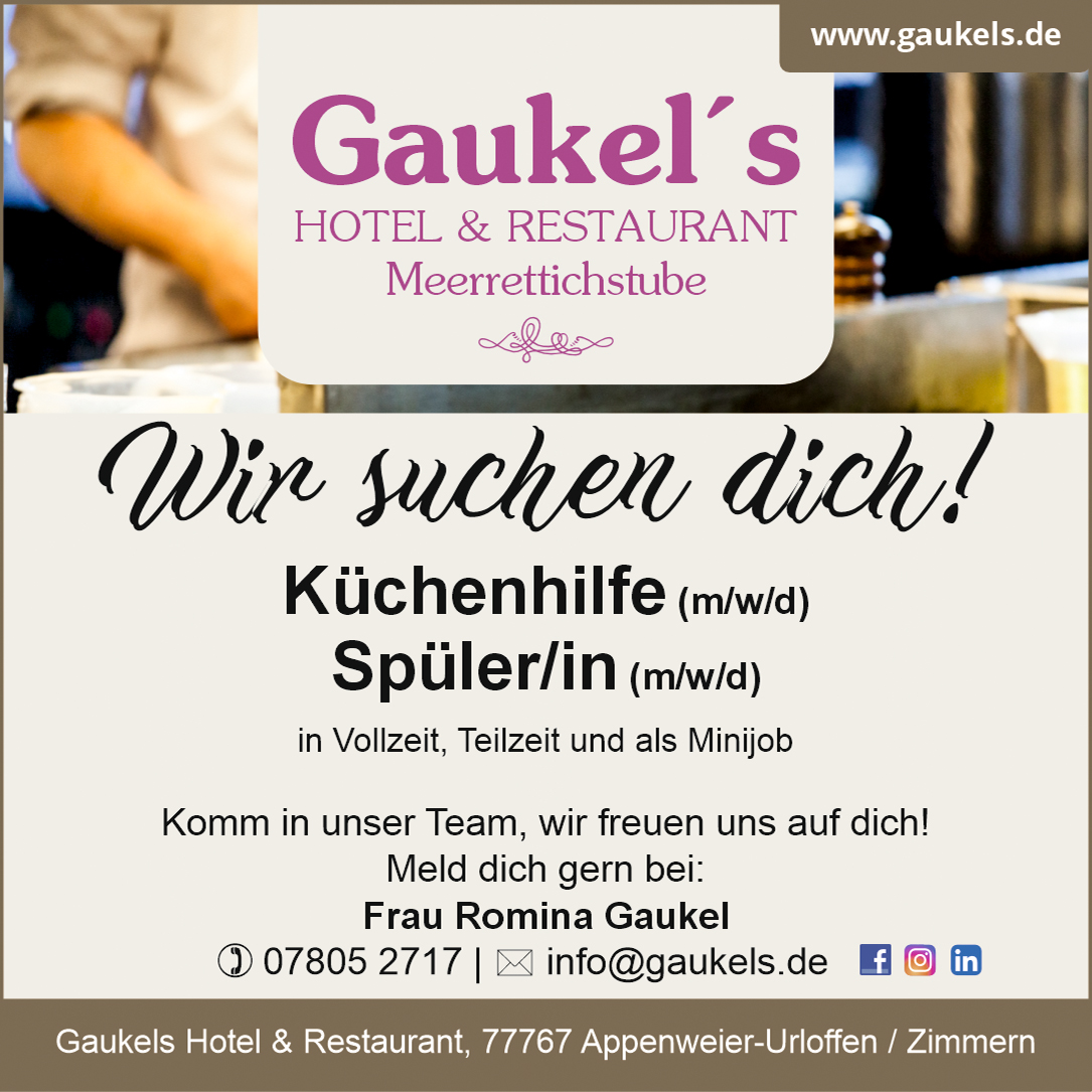 Stellenanzeige, Gaukels Hotel & Restaurant Meerrettichstube, Appenweier, Urloffen